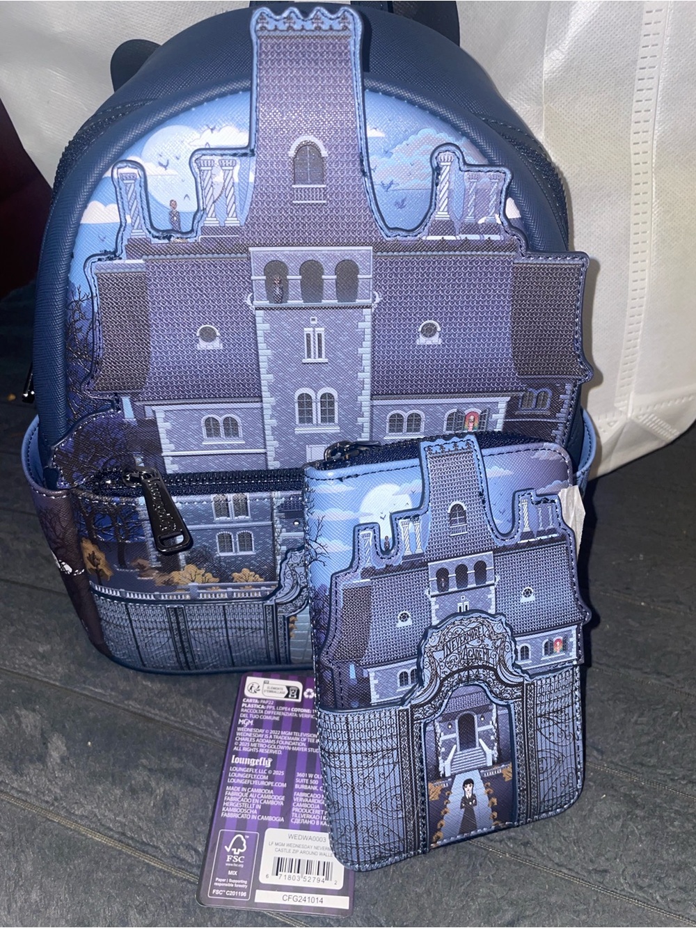 LOUNGEFLY WEDNESDAY NEVERMORE ACADEMY CASTLE GLOW MINI BACKPACK & WALLET NWT!!!